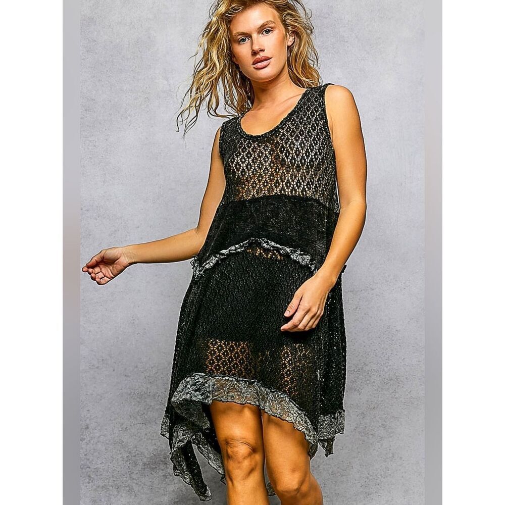 POL Black Sheer Lace Asymmetrical Tank Dress with Gray Trim sz Medium